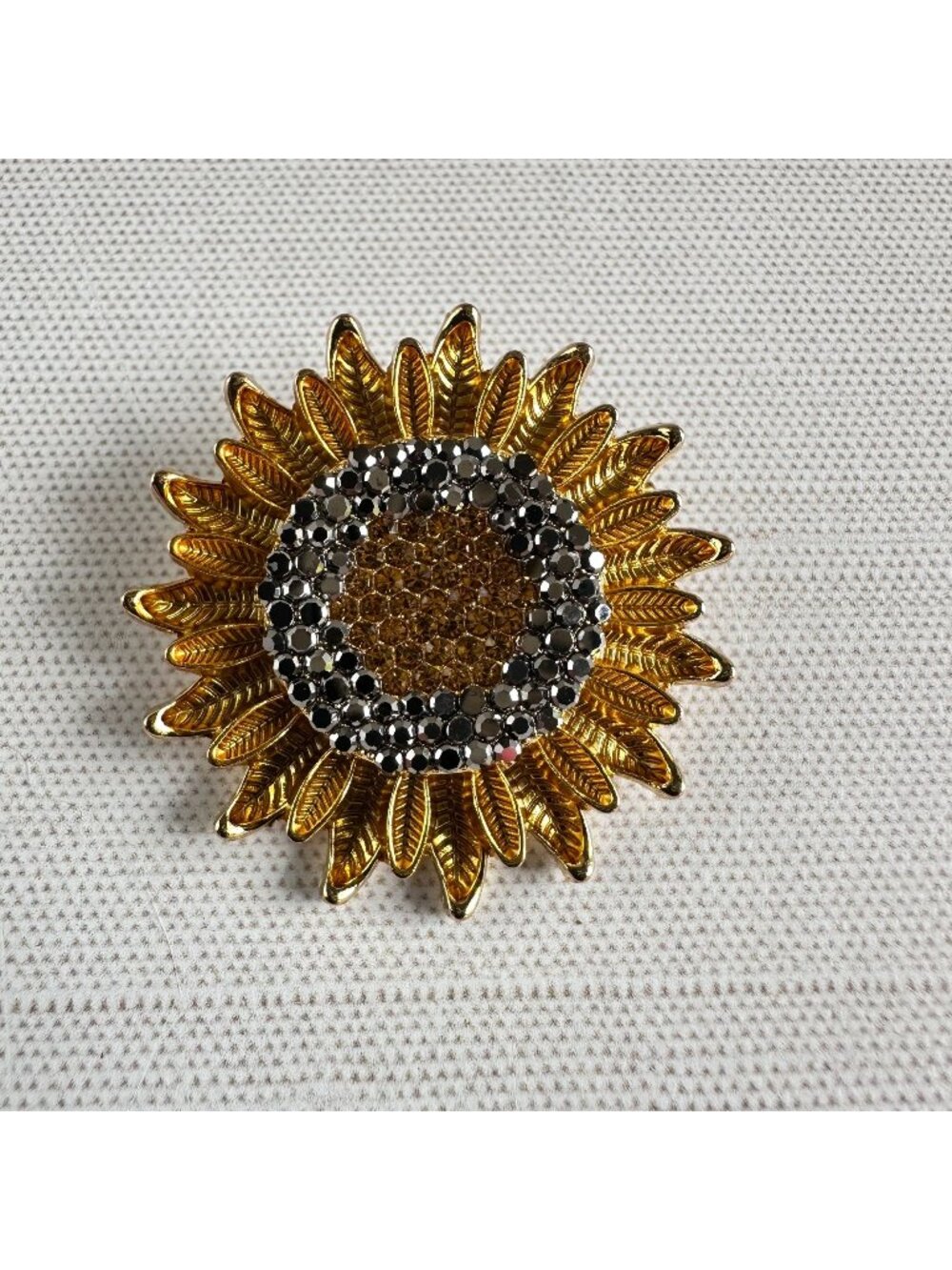 Sunflower Rhinestone Brooch Pin Gold & Black 1 1/2" Floral Design Jewelry
